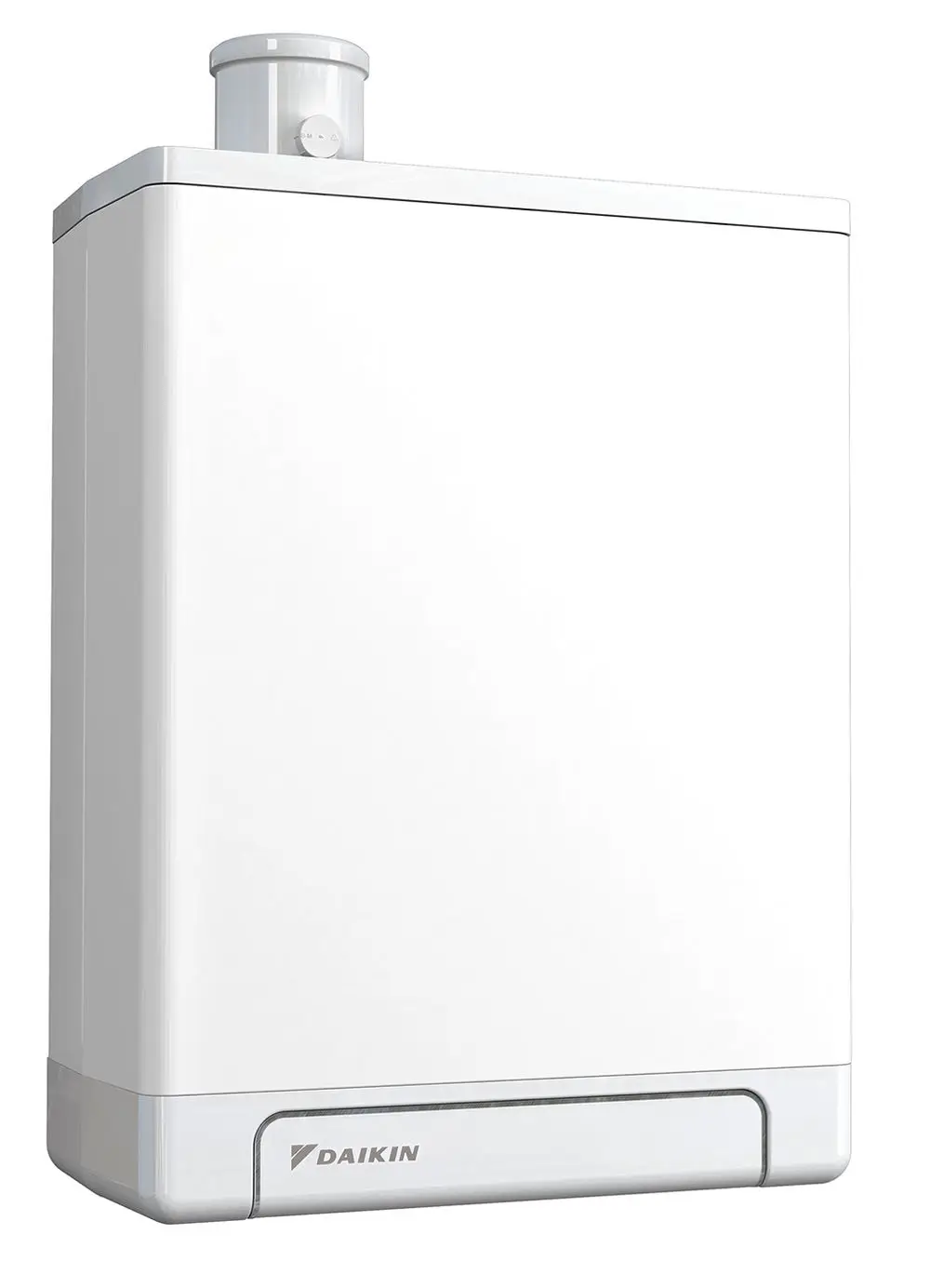 Weißer Gaskessel von Daikin mit einem runden Abluftrohr oben. Das Gerät wirkt kompakt und ist für die Wandmontage konzipiert.
